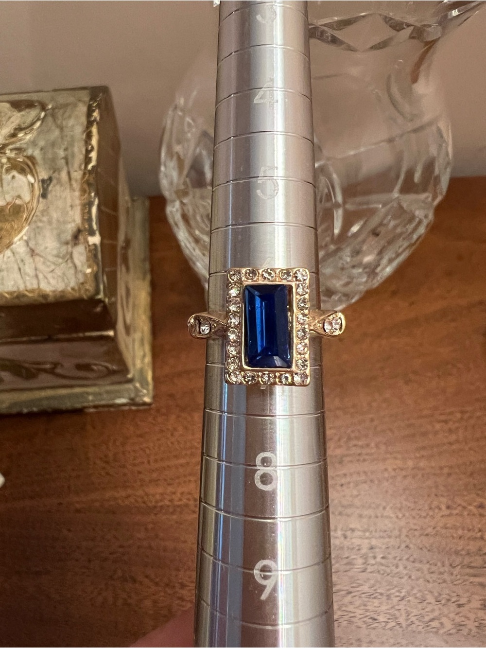 Blue Emerald-Cut Halo Ring with Gold Tone Band - Picture 6 of 6